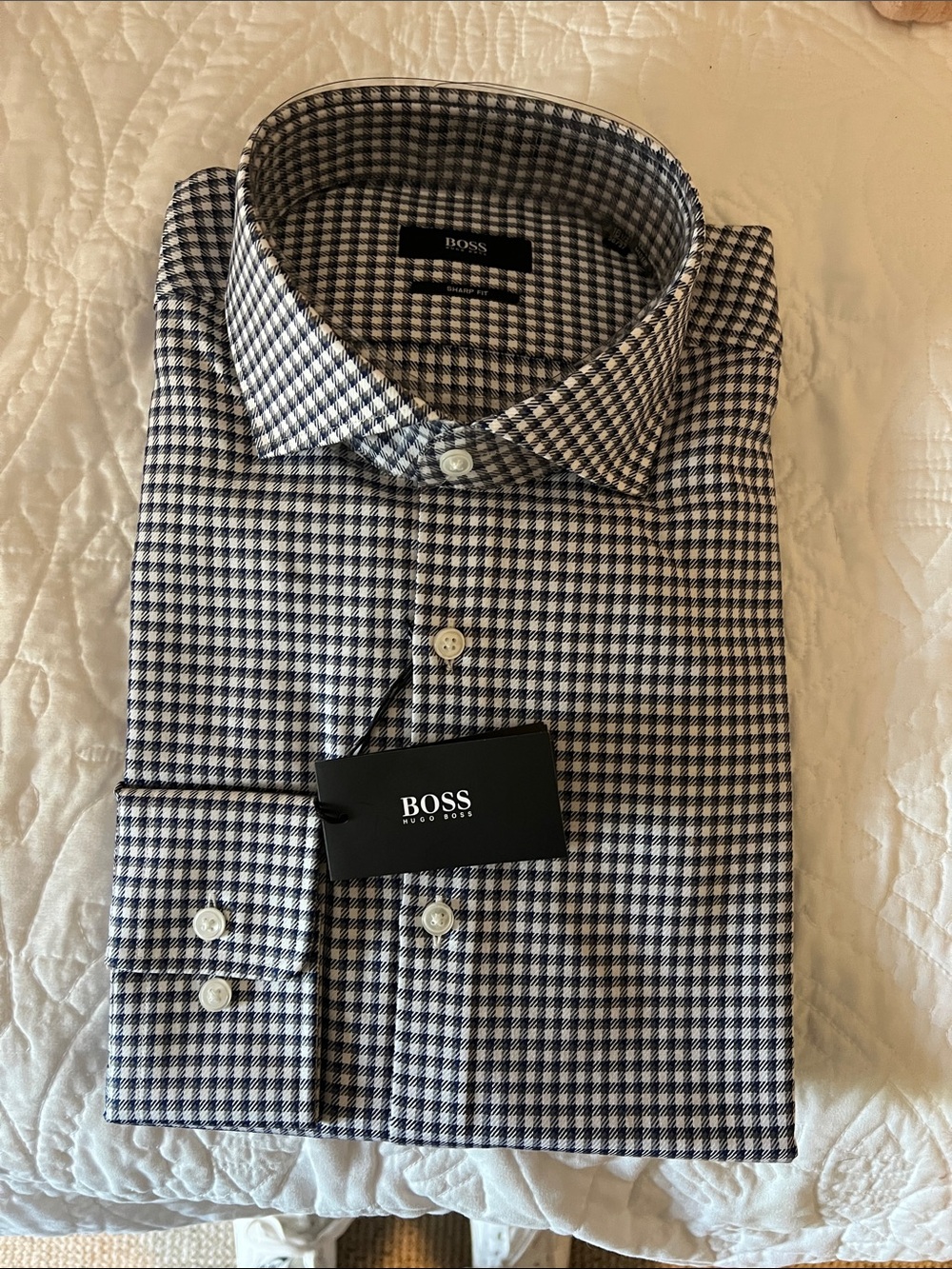 BOSS Sharp fit Men's Navy and White Checked Dress Shirt size 16.5 36/37